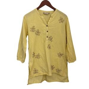 Utsa Embroidered Cotton Tunic Sz L Indie Ethnic Lagenlook Butter Yellow